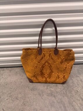 Laura Ashley Mustard Patterned Tote with Brown Leather Handles